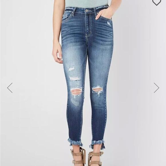 Kancan High Rise Ankle Skinny Stretch Jean Frayed Hem Dark Wash 5/26 - Picture 1 of 9